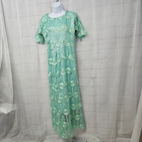 Handmade Seafoam Green Lace Crochet Floral Satin Formal Maxi formal Dress M/L - Picture 6 of 12